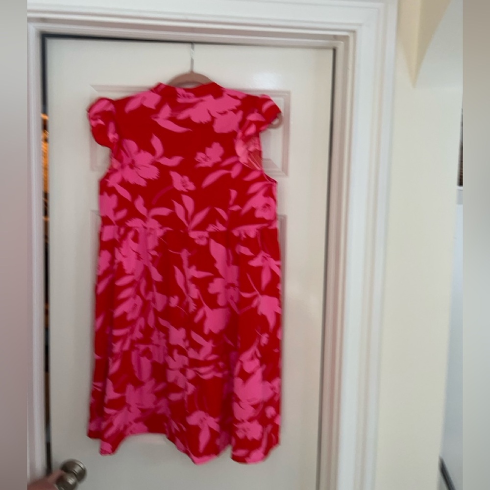 Versatile Flutter Sleeve Red & Pink Floral Resort - Sundress - Party Dress NWOT - Picture 3 of 7